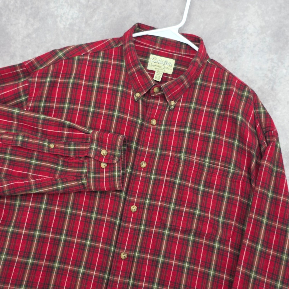 Cabelas Red Plaid Flannel Shirt Mens 2XL Tall Long Sleeve Button Down Cotton